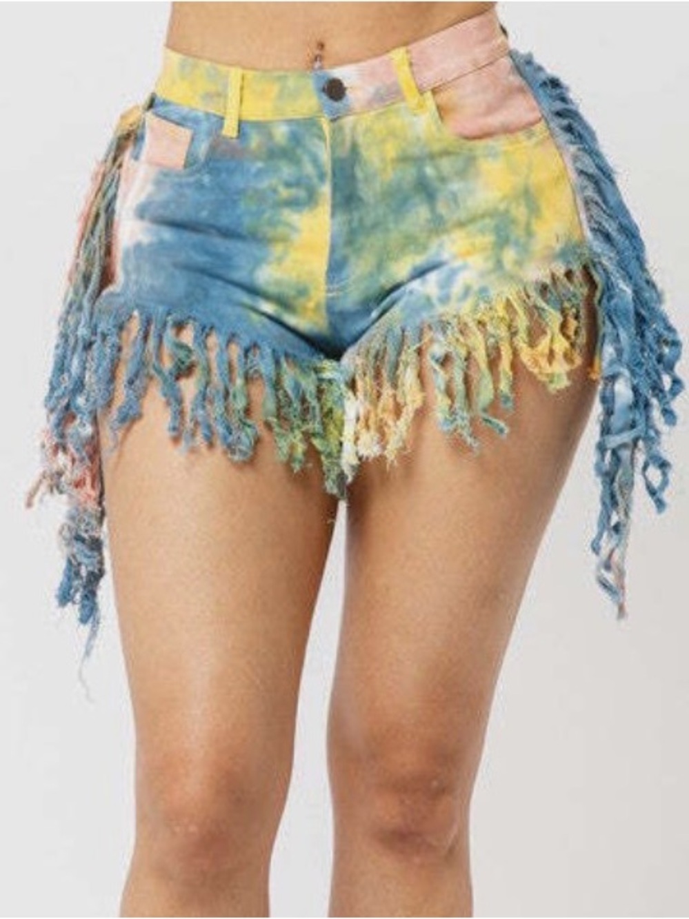 Tie-Dye Fringe High-Rise Women’s Shorts - Blue/Yellow